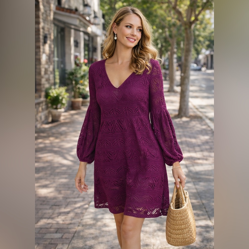 Maeve Anthropologie Crochet Dress Plum Boho V-Neck Long Sleeve Fit and Flare